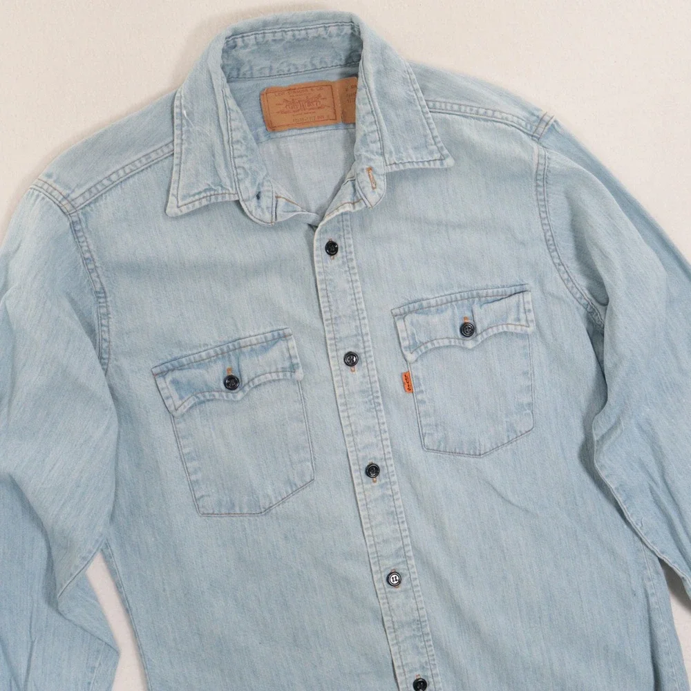 VTG Levi's Denim Shirt Western Workwear Orange Tab Light Wash Cotton USA Men M